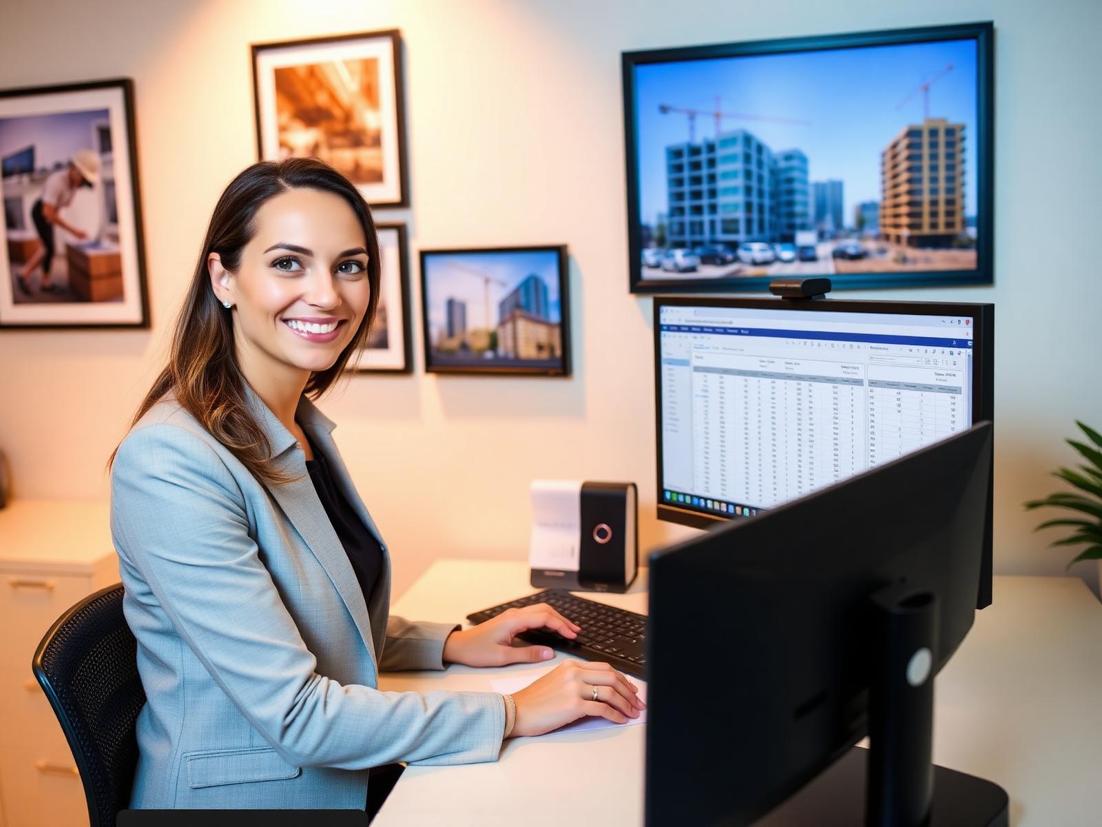 Executive assistant at a desk managing schedules and spreadsheets for a construction client