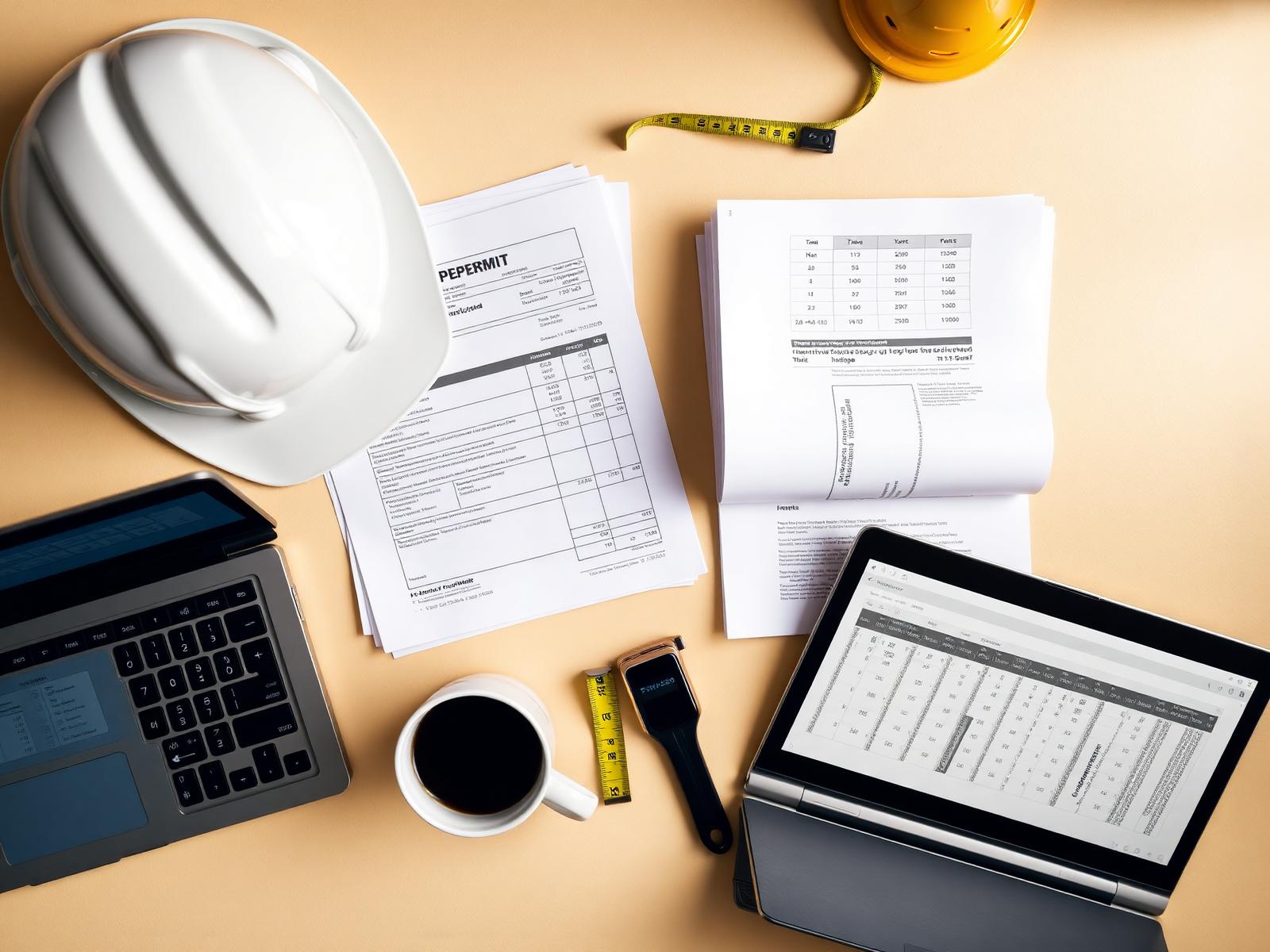 Contractor's desk with hard hat, permit paperwork, invoices, tape measure, and laptop showing a project schedule