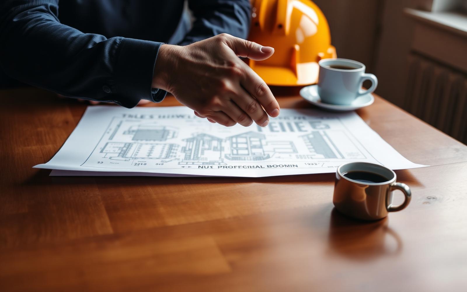 Handshake over a blueprint on a wooden table with a hard hat and coffee
